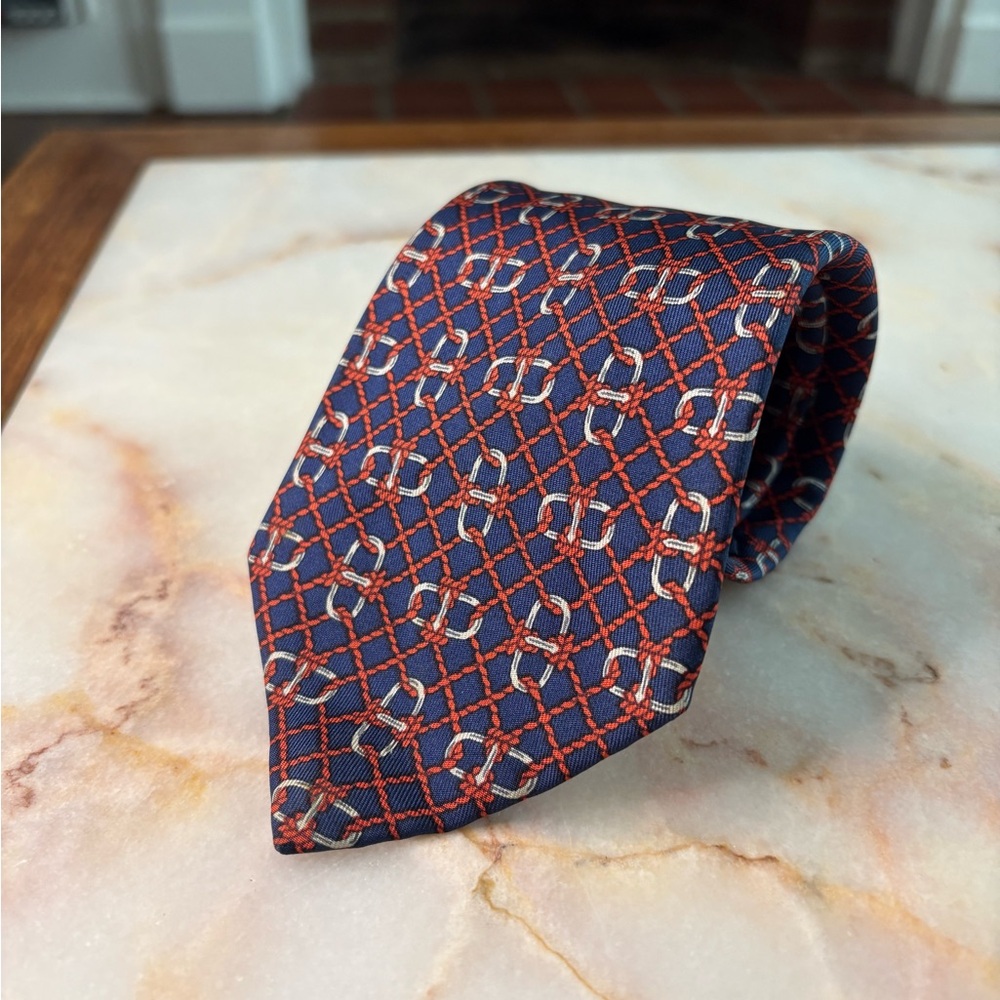 Hermes 100% Silk Navy and Red Geometric/Horse Bit Tie